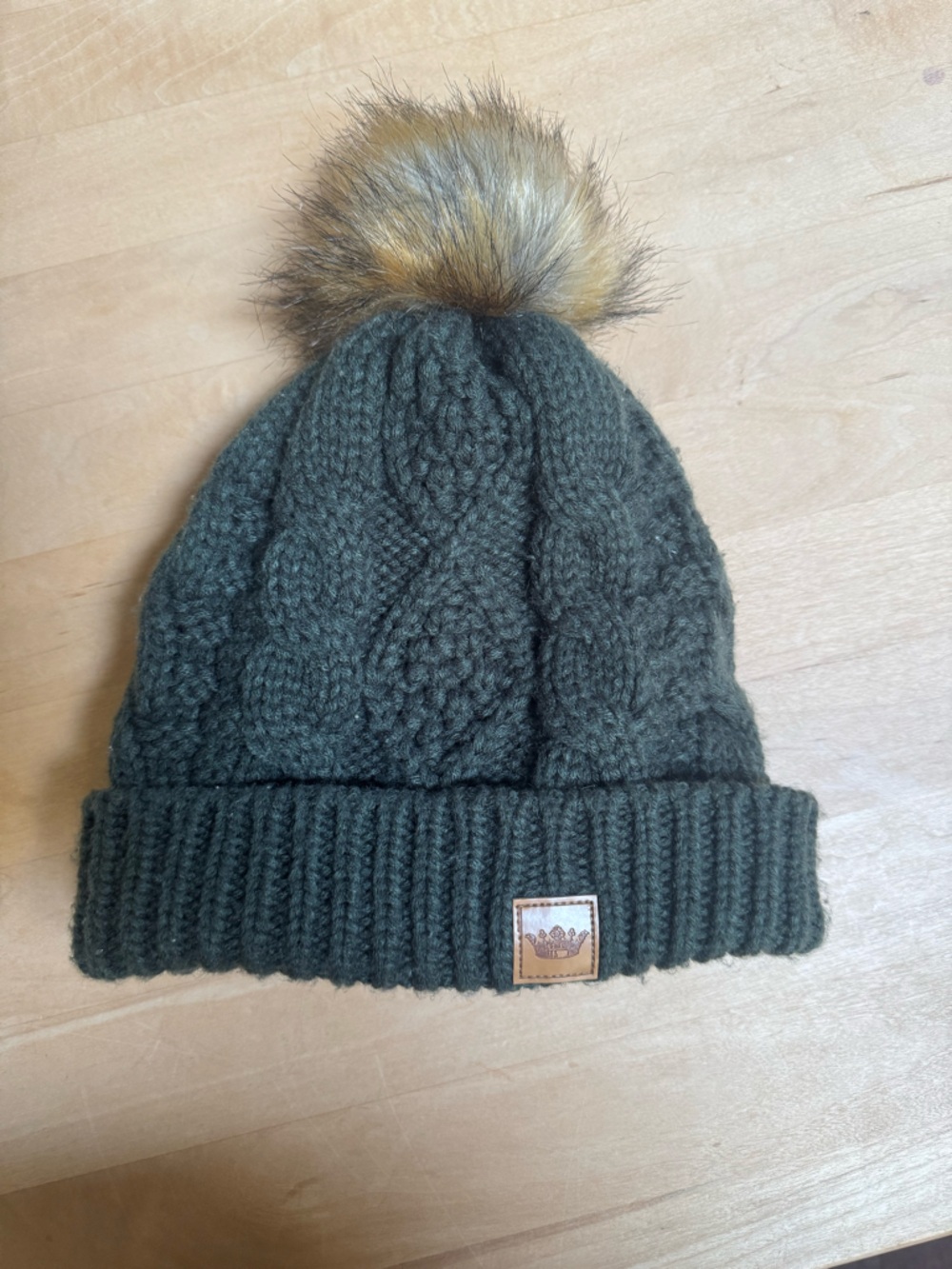 Knit Pom Beanie with Faux Fur Pom - Dark Green